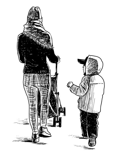 手绘年轻母亲带着小儿子和婴儿车在户外散步图片下载