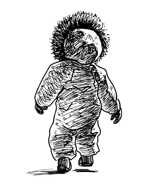 手绘婴儿在连帽工作服走在户外图片下载