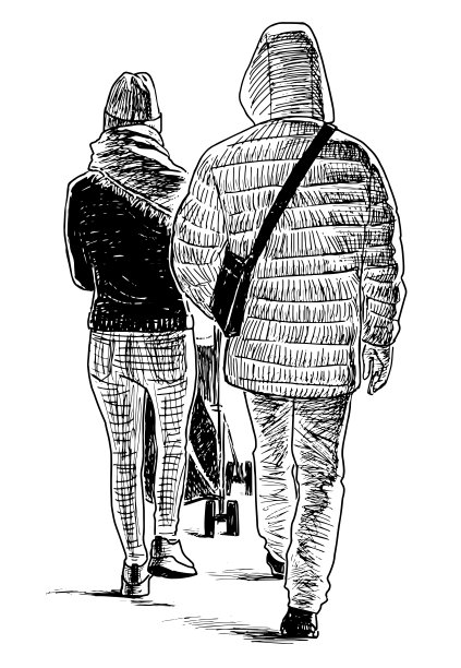 手绘年轻的家庭公民与婴儿车在户外行走图片下载