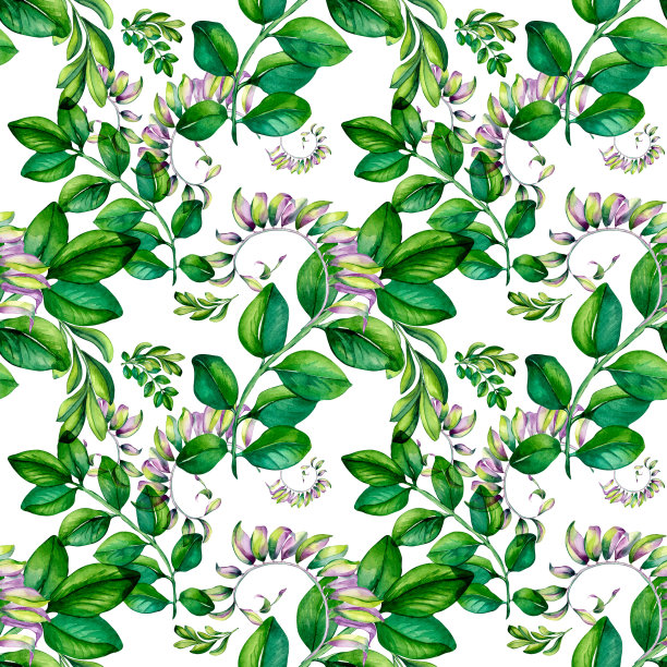 多色弯枝与绿色、粉色水彩无缝分离图案。图片下载