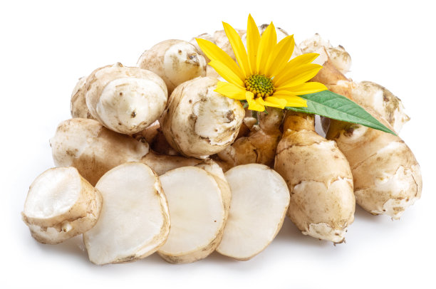 耶路撒冷洋蓟的根，有叶和花，在白色背景上分离。图片下载