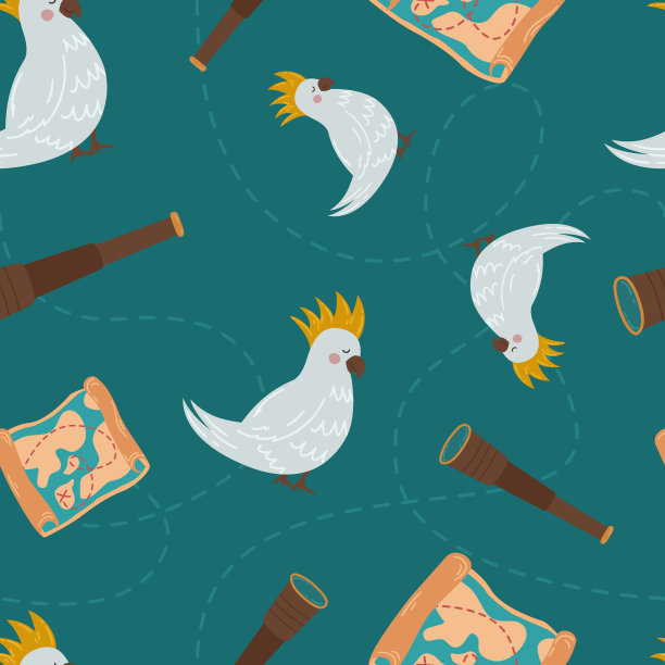 可爱的鹦鹉和海盗物体矢量无缝图案。海盗的望远镜和藏宝图。婴儿物品的图形打印图片下载