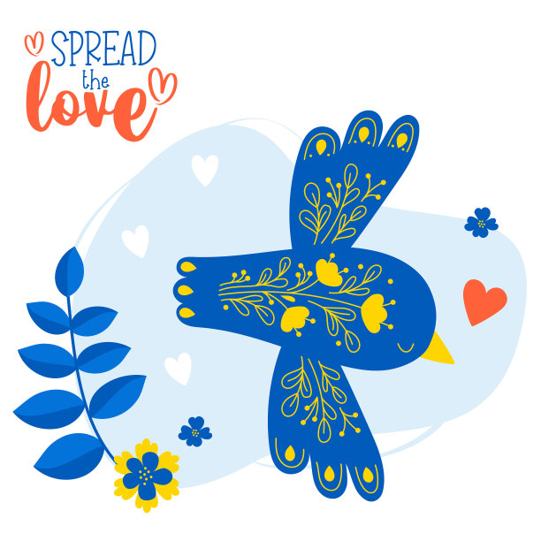 装饰蓝鸟花卉图案和英文文字传播爱。矢量插图。动机美丽的卡片，情人节，装饰，设计和印刷，封面和明信片图片下载