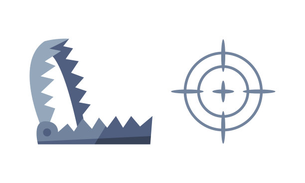 带锋利齿边的开放式金属捕兽器和枪瞄准镜作为狩猎矢量集图片下载