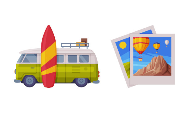 货车冲浪板和照片卡与山景作为旅行和旅游向量集图片下载
