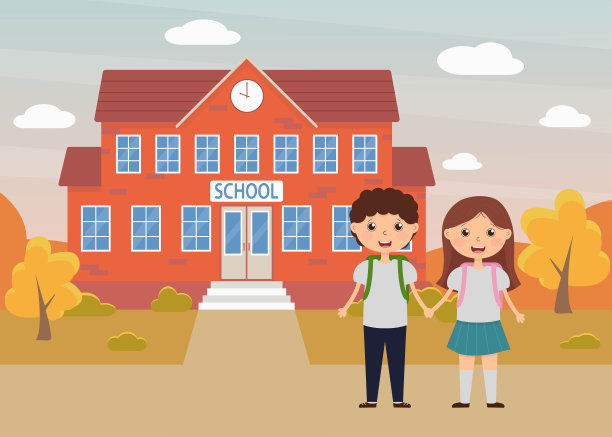 孩子们回到学校学习。两个学生，一个男孩和一个女孩，手牵着手上学。两个孩子在学校和秋天的风景的背景下。图片下载