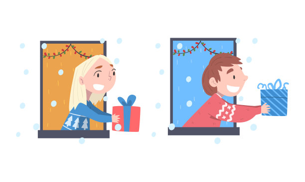 可爱的小男孩和女孩看着窗外送或收到圣诞礼物图片下载