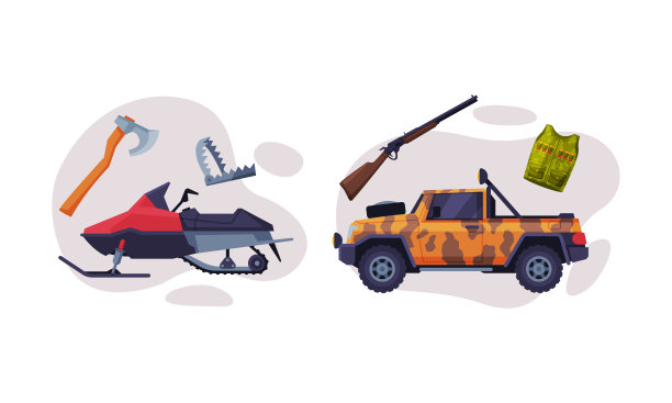 越野汽车与步枪和雪上机作为狩猎装备向量集图片下载