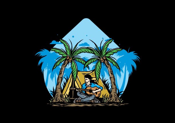 男子与吉他在帐篷前椰子树之间的插图图片下载