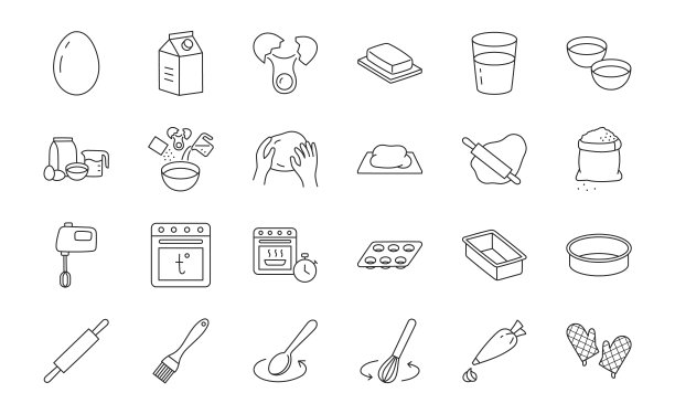 烘焙涂鸦插图包括图标-搅拌机，玻璃，预热烤箱，形式，黄油，鸡蛋，牛奶，擀面杖，搅拌器，糖果袋，炉子。关于糕点厨具的细线艺术。可编辑的中风图片下载