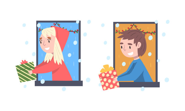 可爱的小男孩和女孩看着窗外送或收到圣诞礼物图片下载