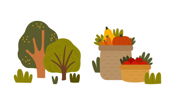 成熟蔬菜在篮子和果园树季节收获和产量向量集图片下载