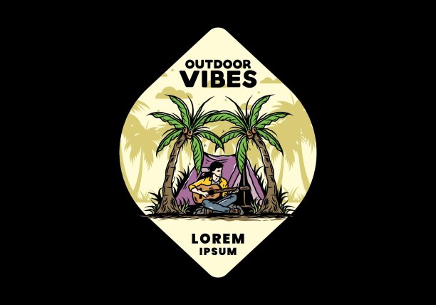 男子与吉他在帐篷前椰子树之间的插图图片下载