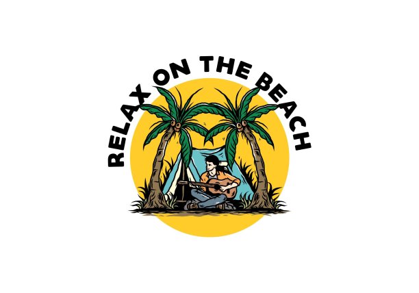 男子与吉他在帐篷前椰子树之间的插图图片下载