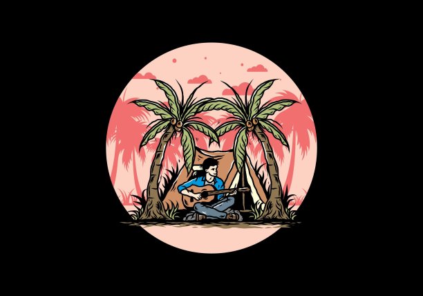 男子与吉他在帐篷前椰子树之间的插图图片下载