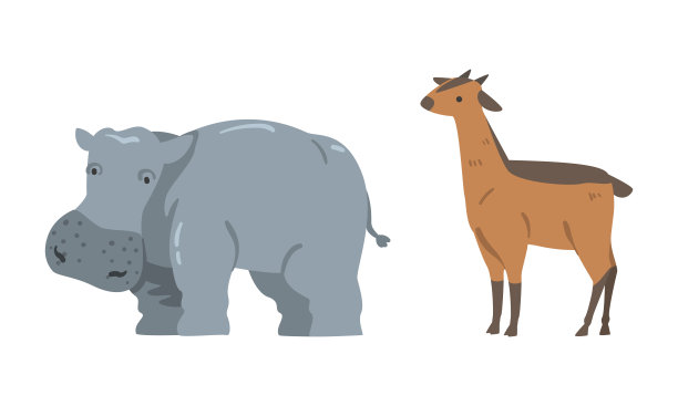 河马和羚羊作为野生非洲动物生活在萨凡纳向量集图片下载