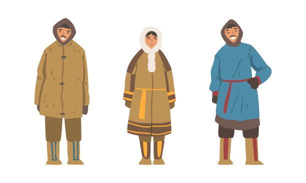 爱斯基摩土著男女角色穿着传统温暖的衣服向量集图片下载