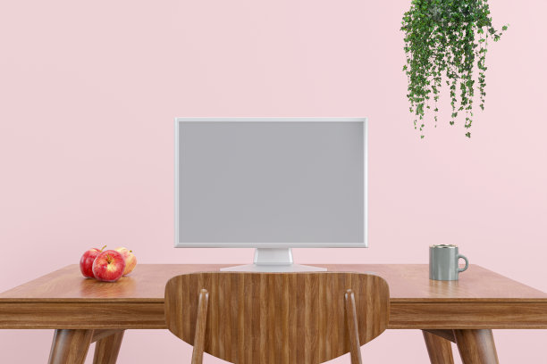 带有模拟显示器的电脑桌面的3d渲染插图。图片下载