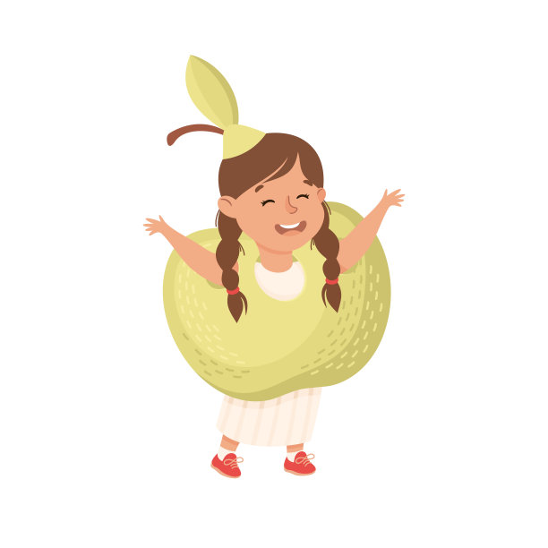 穿着苹果服装的小女孩在舞台矢量插画上表演图片下载