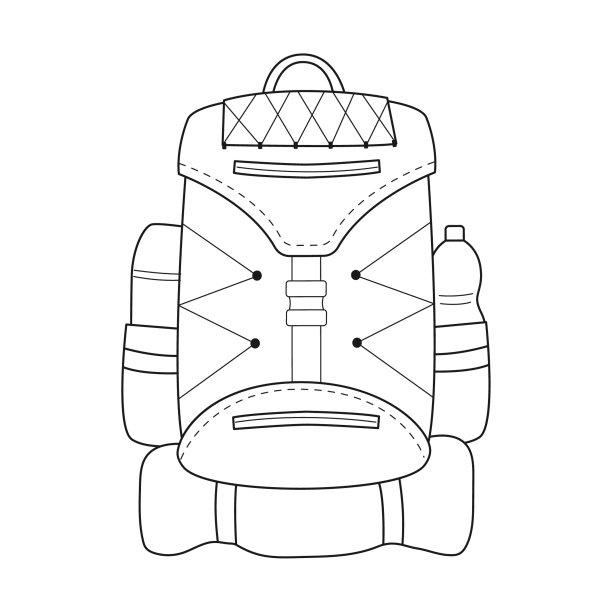 涂鸦旅游背包与保温瓶，瓶子和旅行垫。设备钓鱼，旅游，旅行，露营，徒步旅行。轮廓黑色和白色矢量插图孤立在白色背景。图片下载