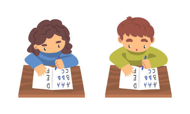 孩子们坐在书桌前，在笔记本上写字母，学习字母向量集图片下载