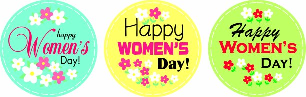 3月8日的圆形贴纸。妇女节快乐。祝贺你的女孩。国际妇女节。一组3个元素。向量贴纸。蓝色，黄色，浅绿色的标签图片下载