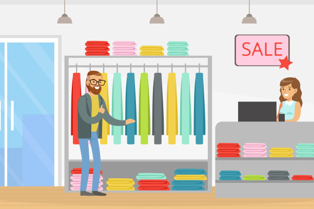 年轻的胡子男人在时尚商店选择衬衫做购物矢量插图图片下载