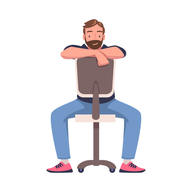 年轻微笑胡子男子坐在办公室椅子矢量插图图片下载