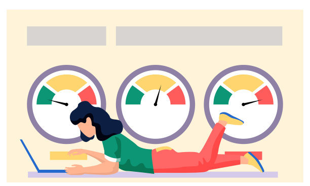 年轻的女经理躺在笔记本电脑旁。工作效率速度。里程表上的背景图片下载