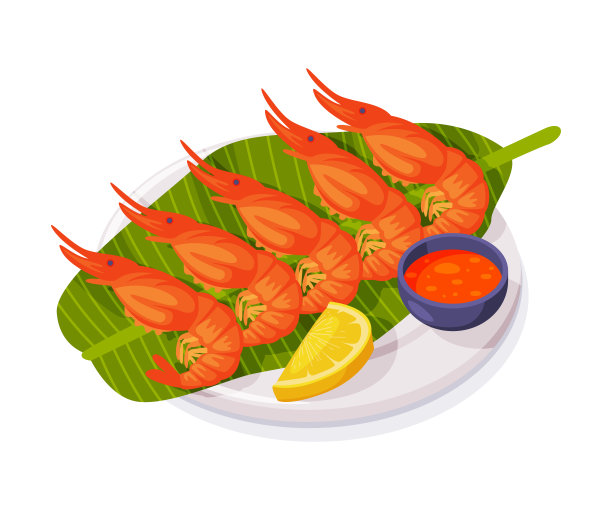炸虾仁与酱汁，以绿叶作为传统泰国食物载体插图图片下载
