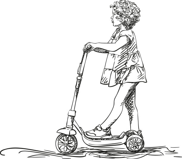 可爱的卷发女孩骑马的素描图片下载