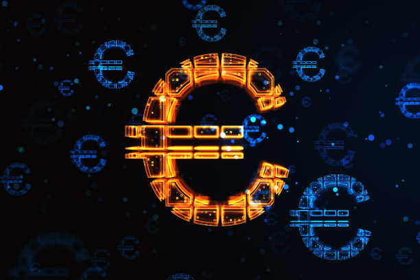 货币兑换和货币概念与橙色发光的数字欧元符号在抽象的黑暗技术背景。三维渲染图片下载