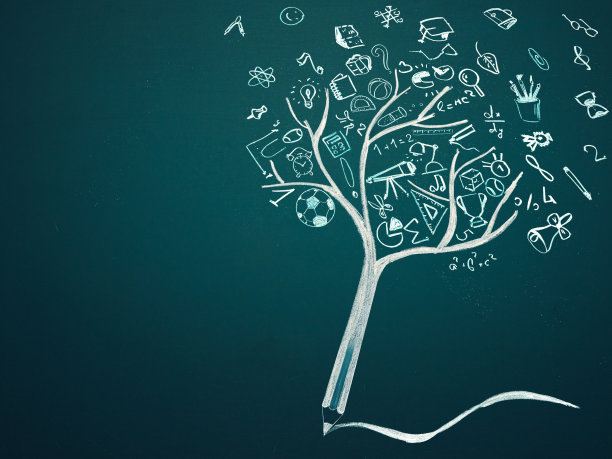 教育理念，学习，知识。铅笔树与手绘学校涂鸦图标。学习的象征。副本的空间。图片下载