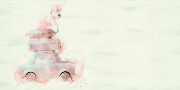 暑假概念车，行李箱和充气的火烈鸟漂浮。副本的空间。数字水彩。图片下载