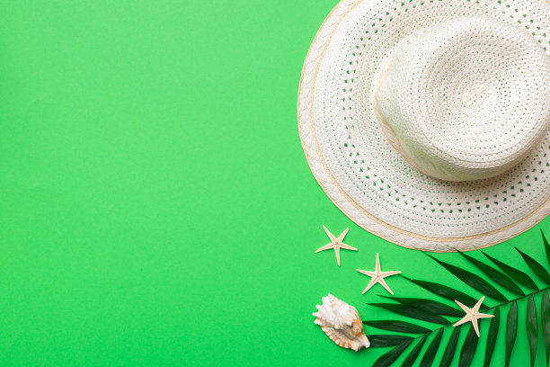 暑假。夏天的概念与草帽和热带树叶。平铺，俯视图，拷贝空间图片下载