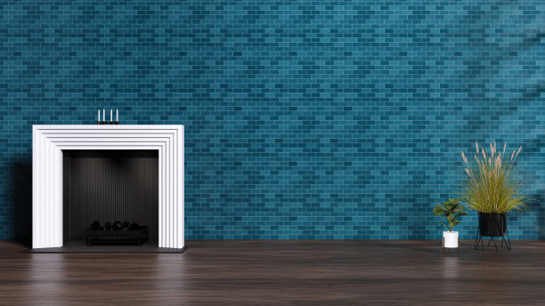 3d渲染的大大厅，壁炉蓝色瓷砖墙和硬木地板。图片下载