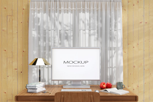 3d渲染的办公桌与现代电脑显示器模型。图片下载