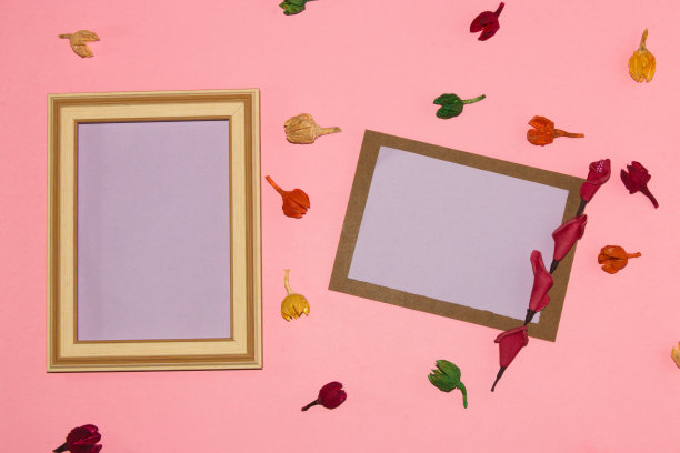 木质框架和木质木板配合紫色的复制空间，在花卉板上，周围以粉红色为背景装饰彩色干花，创意现代设计图片下载