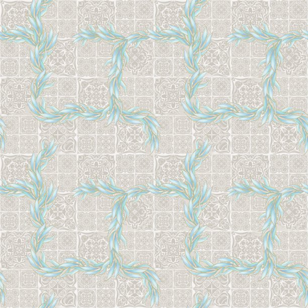 装饰图案，面板，花砖点缀植物树枝，水彩插图图片下载