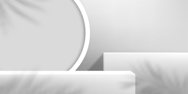 工作室房间灰色的墙壁和3D平台模型，背景灰色水泥与棕榈叶的阴影，矢量最小背景的灰色旗帜阁楼设计的产品展示图片下载