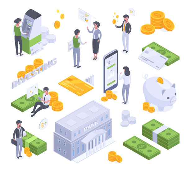 等距金融分析，商业人士做，投资和省钱。投资，财务成功和商业利润三维矢量符号插图集。金融分析场景图片下载
