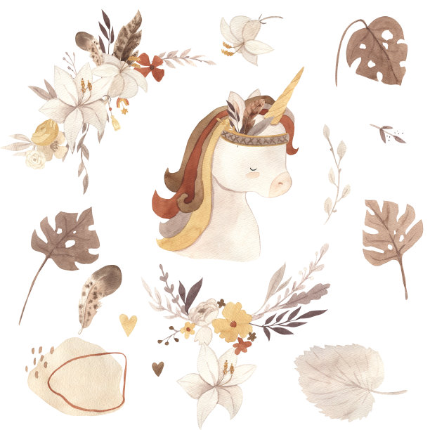 水彩独角兽和波西米亚元素。说明对孩子图片下载