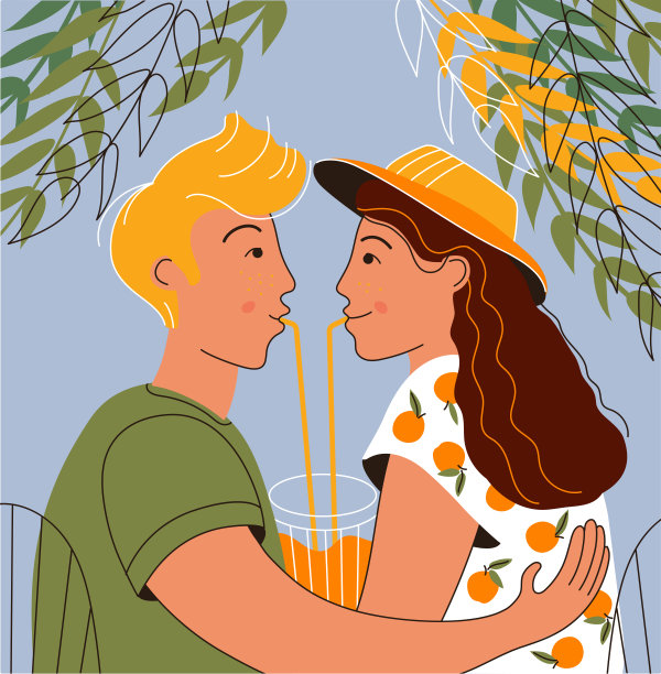 爱的情侣坐在桌边，喝着鸡尾酒或果汁。在街边咖啡馆约会。浪漫关系矢量插图。图片下载