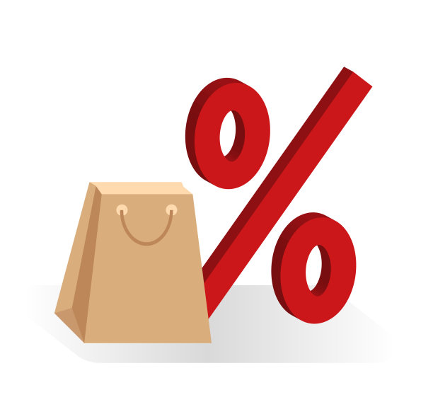 空的购物纸袋和红色的3d百分比标志。不断上涨的食品价格。通货膨胀的概念。零售行业。股票市场。商店。超市。粮食危机。利率。折扣。大的百分比。图片下载