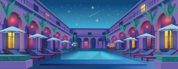 假期。酒店有游泳池，花园，日光浴床和雨伞。矢量插图。图片下载