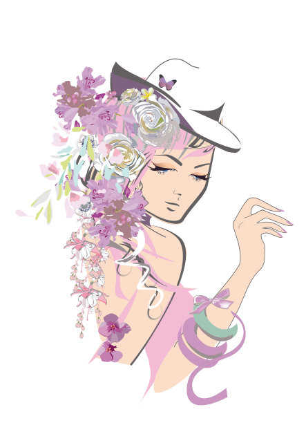 一个美丽的女孩的脸，卷曲的头发装饰着花朵和蝴蝶，她的手在线条。图片下载