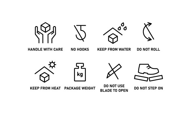 物流线图标。货运服务元素。这一面朝上，与食物接触，有夹，易碎。向量illustartion图片下载