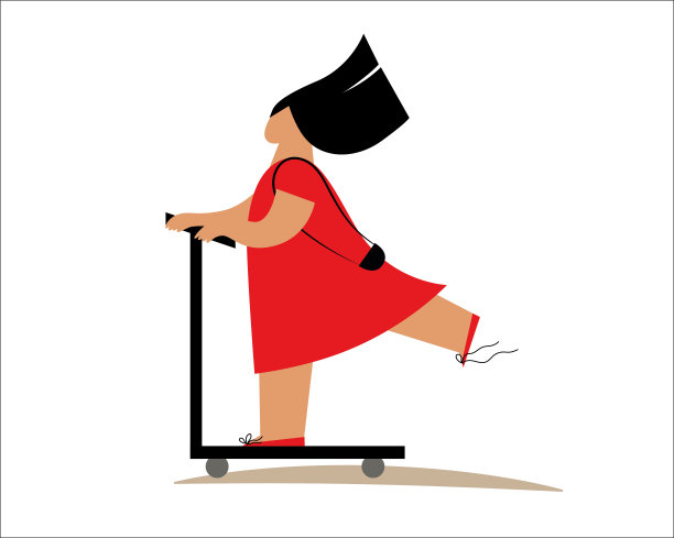 穿着红色裙子骑着滑板车的时髦女人图片下载