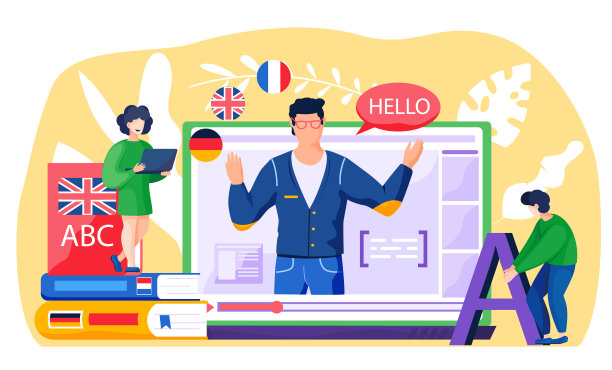 在线网络语言课程。男老师带着书上课，桌子上放着欧洲国旗图片下载