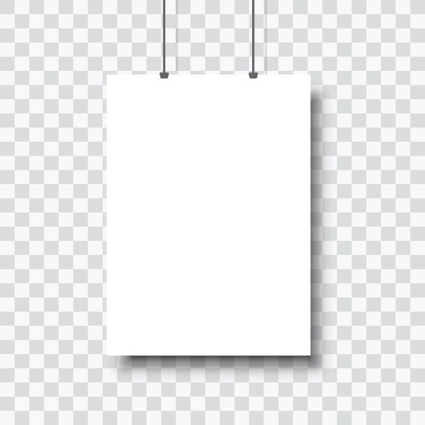 模板的白色空白矢量海报。模型挂在墙上。纸的框架。隔离在透明背景上。矢量图图片下载